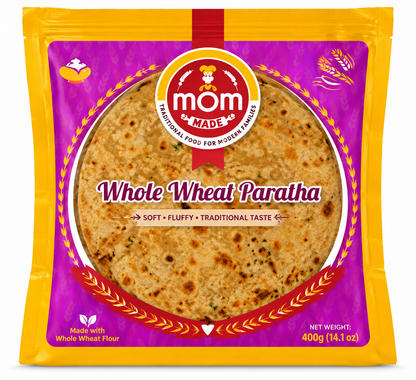 Mom Made Whole Wheat Paratha 400g frozen food pack with yellow and purple packaging, Mom Made logo and a picture of golden-brown whole wheat paratha.