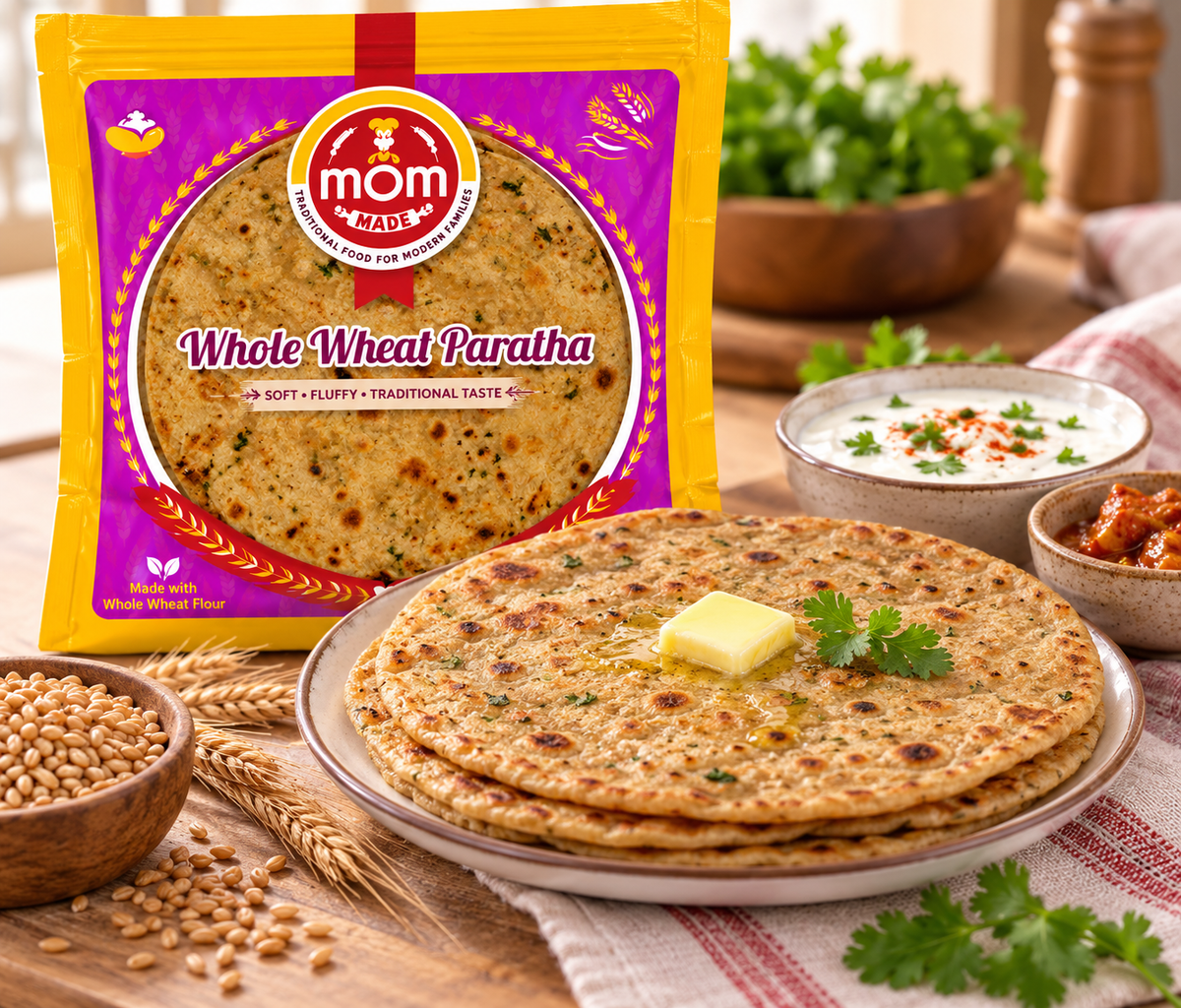 Mom Made Whole Wheat Paratha 400g pack displayed beside golden-brown whole wheat parathas topped with butter and fresh coriander, served with yoghurt and Indian pickle on a rustic wooden table.