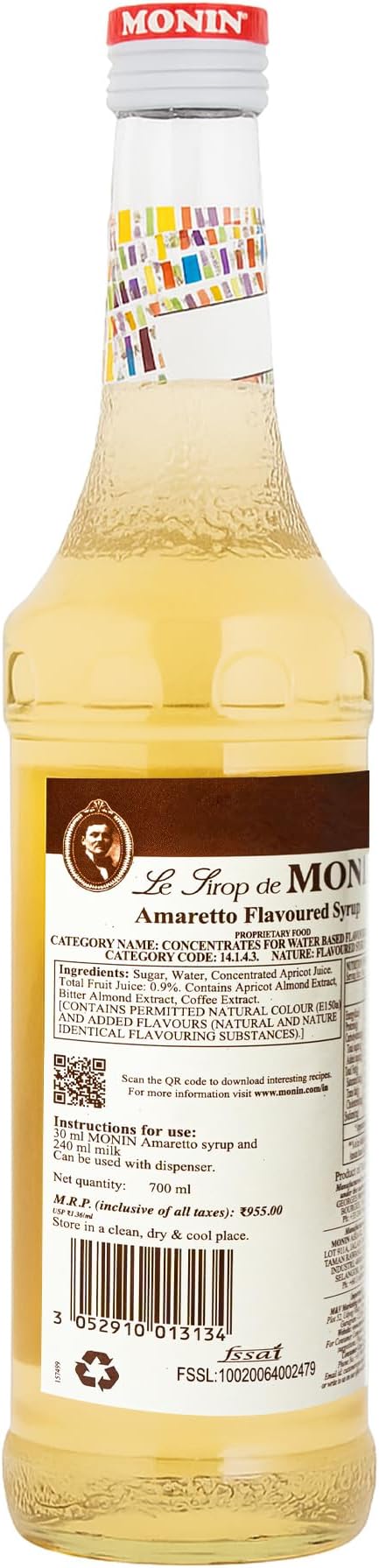 700ml bottle of Monin Amaretto Syrup, made with 100% natural flavors, ideal for vegan and allergen-free drinks.