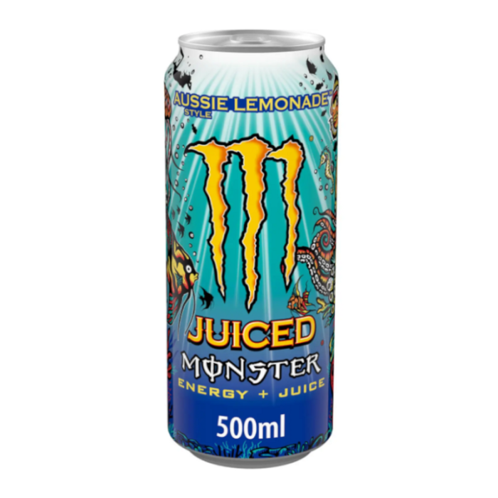 Monster Juiced Aussie Lemonade 500ml can, featuring a vibrant design and offering a refreshing, citrus lemonade flavor with an energy-boosting blend of caffeine and B-vitamins.