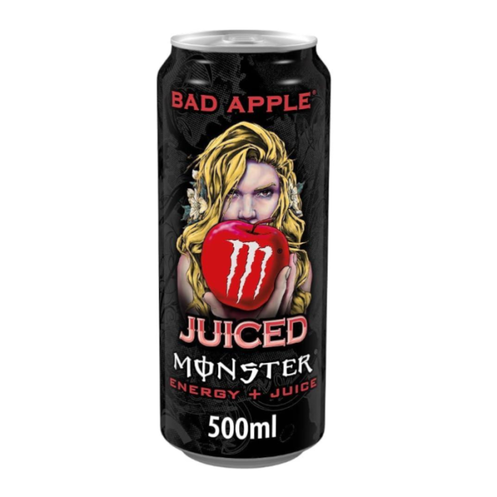 Monster Juiced Bad Apple 500ml can, featuring a crisp apple design and offering a tangy, sweet apple flavor with an energizing blend of caffeine and B-vitamins.