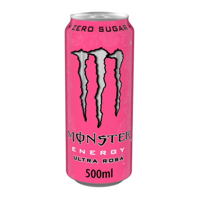 Monster Energy Ultra Rosa 500ml can, showcasing the vibrant design and unique strawberry-raspberry citrus flavor for an energy boost without sugar.