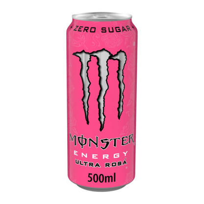 Monster Energy Ultra Rosa 500ml can, showcasing the vibrant design and unique strawberry-raspberry citrus flavor for an energy boost without sugar.