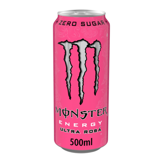 Monster Energy Ultra Rosa 500ml can, showcasing the vibrant design and unique strawberry-raspberry citrus flavor for an energy boost without sugar.