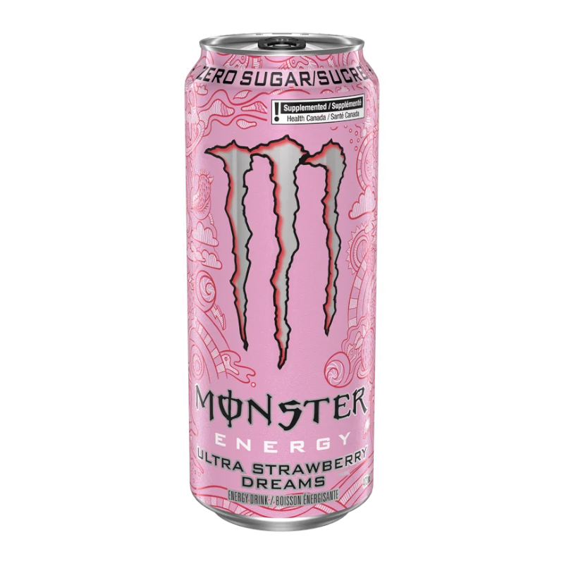 Monster Energy Ultra Strawberry Dreams 473ml can, featuring a vibrant design and sweet, creamy strawberry flavor with zero sugar and a boost of energy.