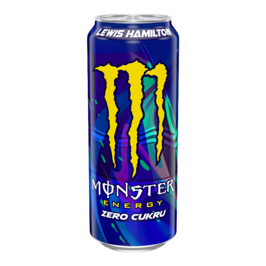 Monster Energy Zero Sugar Lewis Hamilton 500ml can, featuring a sleek design with signature branding, providing a refreshing, sugar-free energy boost.