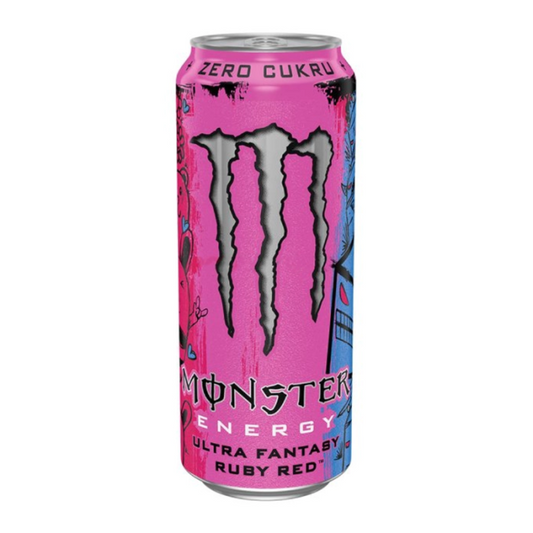 Monster Ultra Fantasy Ruby Red 500ml can, offering a refreshing blend of red berries, citrus, and tropical fruits with zero sugar for a guilt-free energy boost.