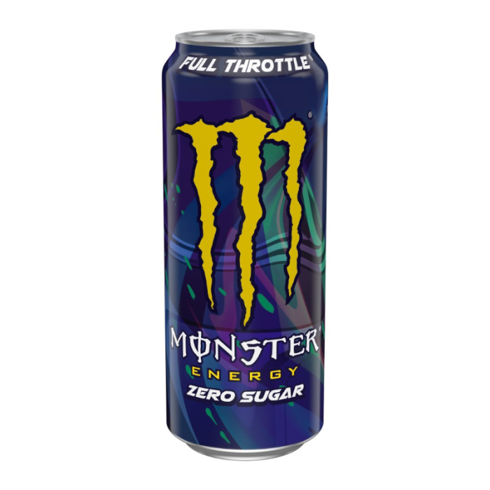 A 500ml can of Monster Zero Full Throttle energy drink, featuring a sleek design with bold graphics. The can is predominantly black with yellow accents, showcasing the Monster Energy logo and the "Zero Full Throttle" label. This sugar-free energy drink offers a refreshing citrus flavor, packed with caffeine, taurine, and B-vitamins for an energy boost without the sugar.