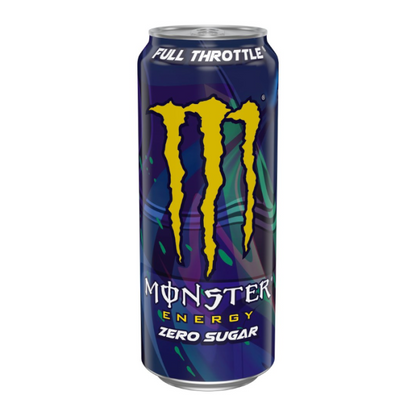 A 500ml can of Monster Zero Full Throttle energy drink, featuring a sleek design with bold graphics. The can is predominantly black with yellow accents, showcasing the Monster Energy logo and the "Zero Full Throttle" label. This sugar-free energy drink offers a refreshing citrus flavor, packed with caffeine, taurine, and B-vitamins for an energy boost without the sugar.