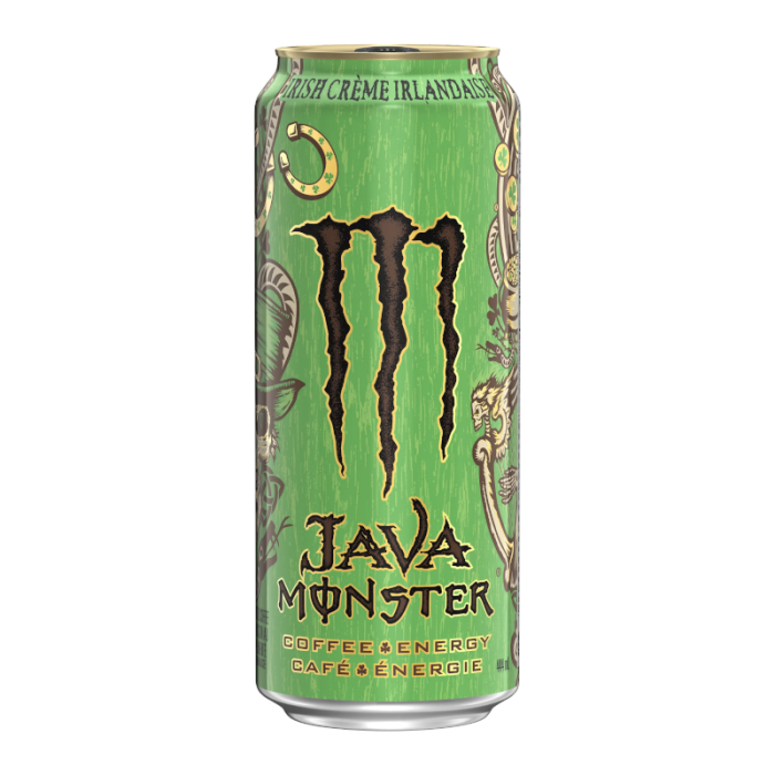 Monster Java Irish Cream 444ml can, featuring a sleek design and offering a rich, creamy Irish cream coffee flavor with a powerful energy boost.