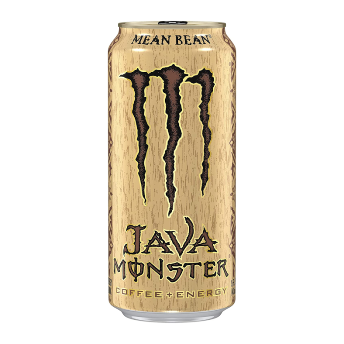 Monster Java Mean Bean 444ml can, showcasing a rich coffee flavor and creamy texture with a powerful energy boost from real coffee, caffeine, and B-vitamins.