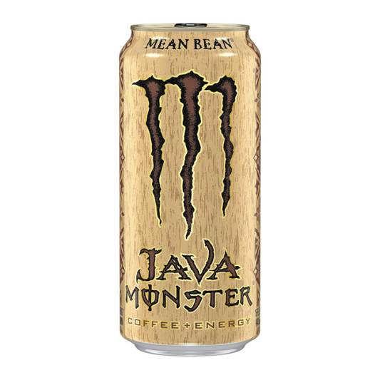 Monster Java Mean Bean 444ml can, showcasing a rich coffee flavor and creamy texture with a powerful energy boost from real coffee, caffeine, and B-vitamins.