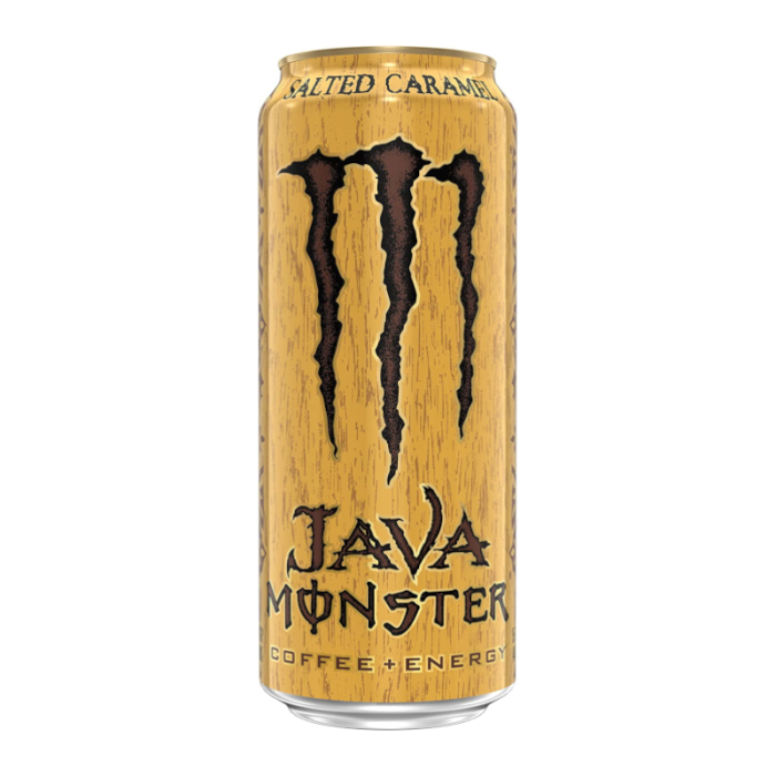 Monster Java Salted Caramel 444ml can, offering a rich coffee and salted caramel flavor combination with real coffee, caffeine, and B-vitamins for a creamy, energizing experience.