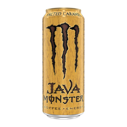 Monster Java Salted Caramel 444ml can, offering a rich coffee and salted caramel flavor combination with real coffee, caffeine, and B-vitamins for a creamy, energizing experience.
