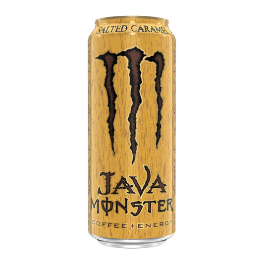 Monster Java Salted Caramel 444ml can, offering a rich coffee and salted caramel flavor combination with real coffee, caffeine, and B-vitamins for a creamy, energizing experience.