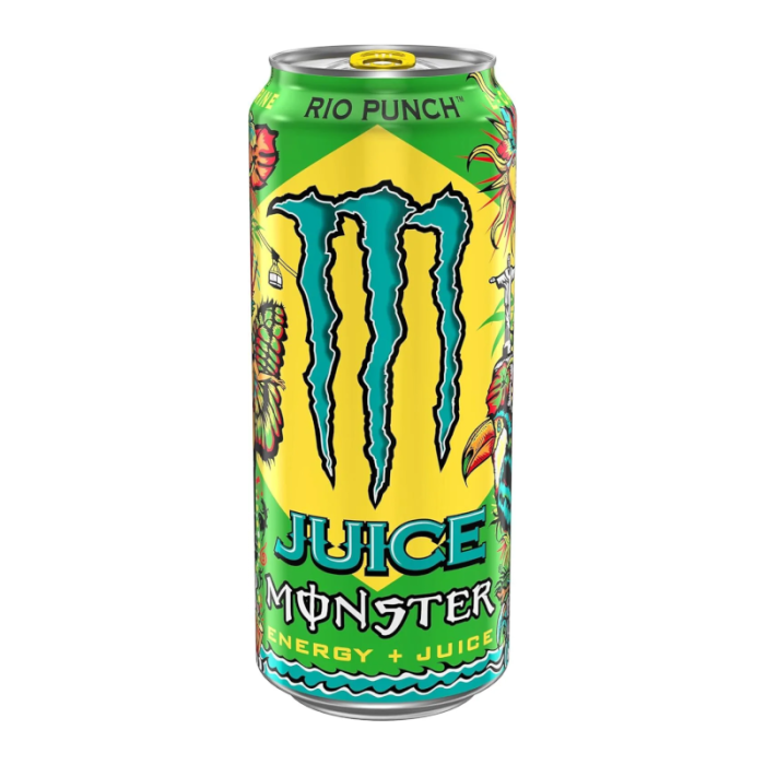 Monster Juice Rio Punch 473ml can, featuring a vibrant tropical fruit punch flavor with passionfruit, orange, and pineapple, offering a refreshing and energizing drink.
