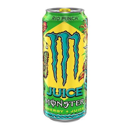Monster Juice Rio Punch 473ml can, featuring a vibrant tropical fruit punch flavor with passionfruit, orange, and pineapple, offering a refreshing and energizing drink.