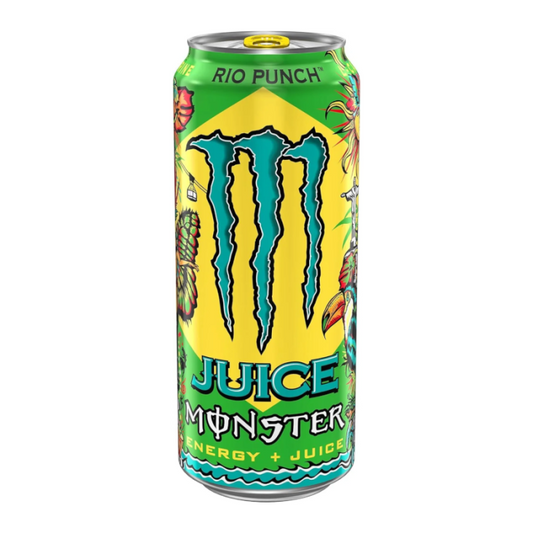 Monster Juice Rio Punch 473ml can, featuring a vibrant tropical fruit punch flavor with passionfruit, orange, and pineapple, offering a refreshing and energizing drink.