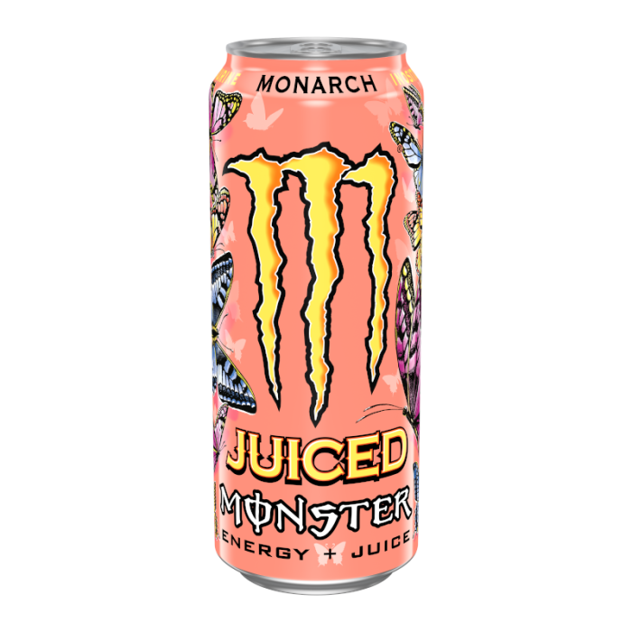 Monster Juiced Monarch 500ml can, featuring a tropical mango and orange design, offering a refreshing and energizing drink with a blend of citrus flavors and a boost of caffeine.