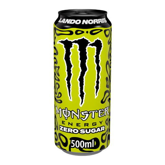 A 500ml can of Monster Zero Lando Norris Edition energy drink, featuring a striking design with Lando Norris' branding and Formula 1-inspired elements. The can is primarily black with vibrant accents and a sleek, modern look. This limited-edition, sugar-free drink provides a refreshing energy boost with a unique flavor, packed with caffeine, taurine, and B-vitamins.