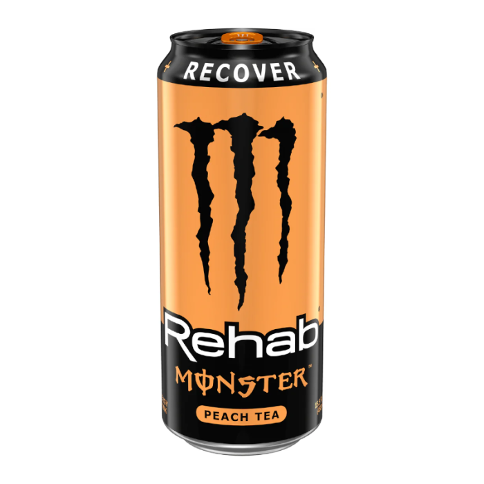 Monster Rehab Peach Tea 500ml can, offering a refreshing peach tea flavor with a touch of citrus and electrolytes for a hydrating, energizing drink with low calories.