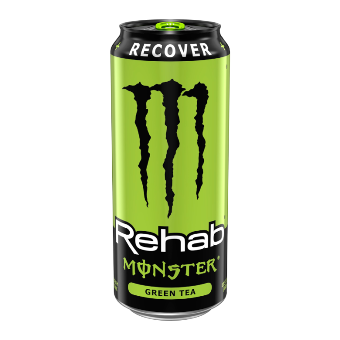 Monster Rehab Green Tea 15.5oz can, offering a refreshing blend of green tea, citrus, and electrolytes for a hydrating and energizing drink with low calories.