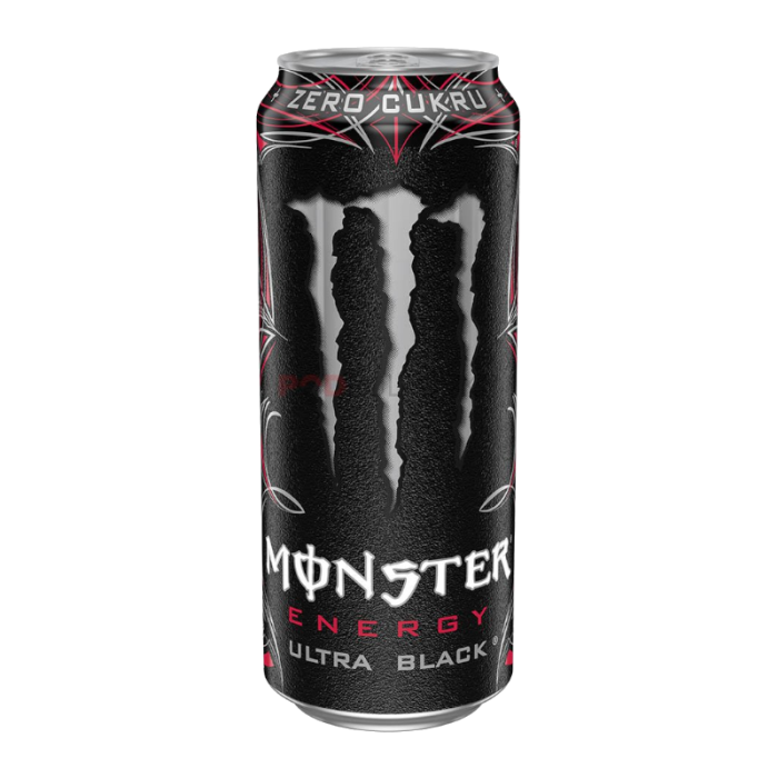 Monster Energy Zero Ultra Black 500ml can, featuring a sleek black design and delivering a refreshing, sugar-free energy drink with citrus and berry flavors.