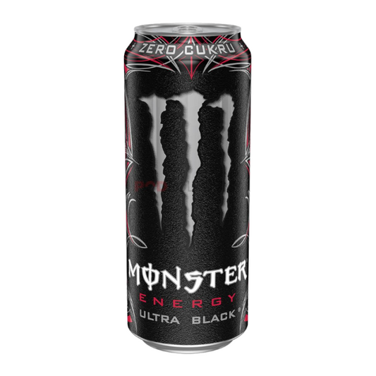 Monster Energy Zero Ultra Black 500ml can, featuring a sleek black design and delivering a refreshing, sugar-free energy drink with citrus and berry flavors.