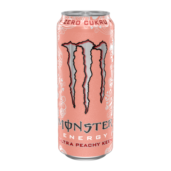 Monster Ultra Peachy Keen 500ml can, offering a juicy blend of peach and citrus flavors with zero sugar for a refreshing and energizing energy drink.