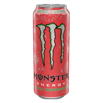 Monster Ultra Watermelon 500ml can, offering a refreshing watermelon flavor with zero sugar for a crisp, hydrating energy drink that boosts energy without the added calories.