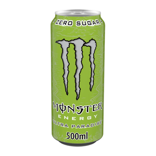 Monster Ultra Zero Paradise 500ml can, offering a tropical fusion of pineapple, citrus, and mango flavors with zero sugar for a refreshing, energizing energy drink.