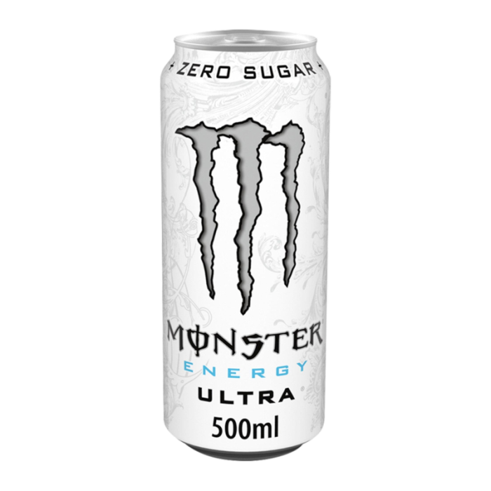 Monster Energy Ultra Zero White 500ml can, featuring a sleek design and a refreshing, sugar-free energy drink with a clean citrus flavor.