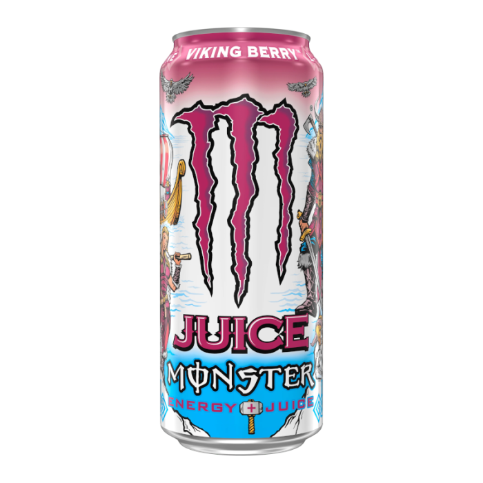 Monster Juice Viking Berry 473ml can, featuring a mix of sweet and tart berries with a refreshing citrus twist, offering a low-calorie, energy-boosting drink.