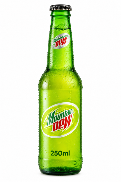 Mountain Dew 250ml green glass bottle with dark cap, citrus soft drink and branded Mountain Dew label displayed against a clean white background.
