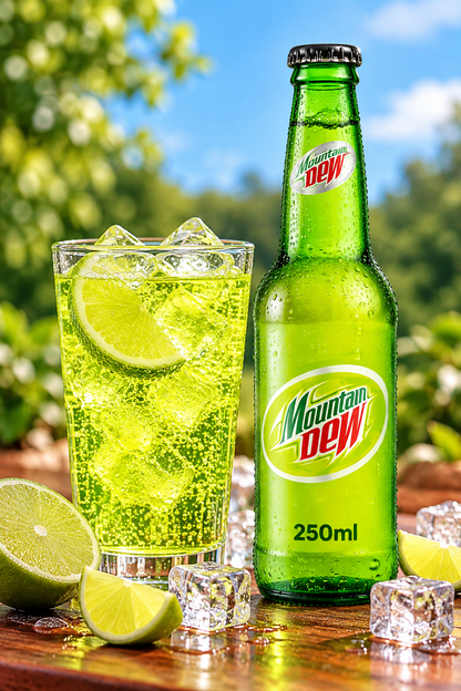 Mountain Dew 250ml green glass bottle beside a glass of chilled fizzy drink with ice cubes and fresh lime slices on a wooden table.