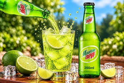 Mountain Dew soft drink being poured from a green glass bottle into an ice-filled glass, surrounded by fresh lime wedges, sparkling droplets and ice cubes.