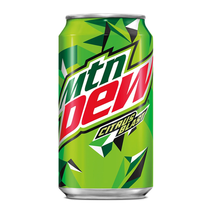 Mountain Dew EU 330ml can with bright green packaging and iconic logo, offering a refreshing citrus-flavored soda.