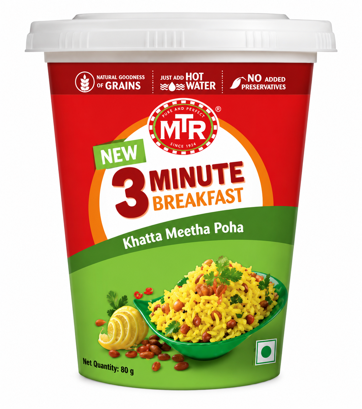 MTR 3 Minute Breakfast Khatta Meetha Poha 80g ready-to-eat cup featuring a sweet and tangy Indian flattened rice breakfast prepared by adding hot water.