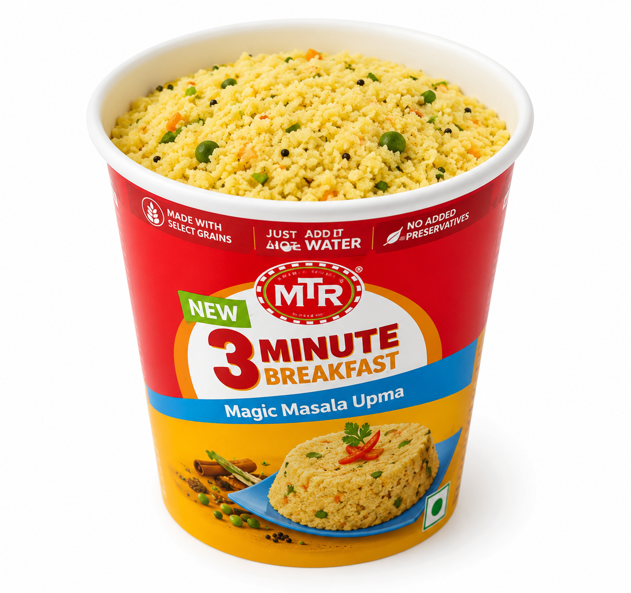 MTR 3 Minute Breakfast Magic Masala Upma instant breakfast cup on a white background.