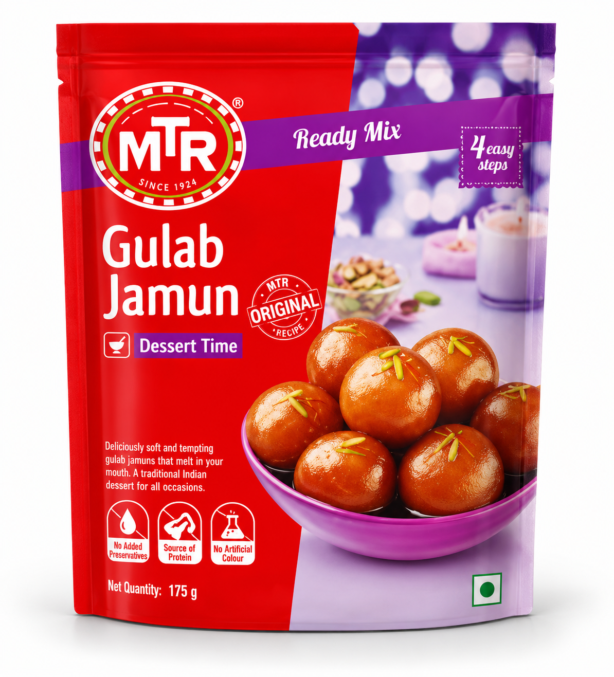 MTR Gulab Jamun Ready Mix 175g pouch featuring red and purple packaging, the MTR logo, Gulab Jamun and Dessert Time labels, and an image of golden-brown gulab jamuns garnished with pistachios in a purple bowl against a clean white background.