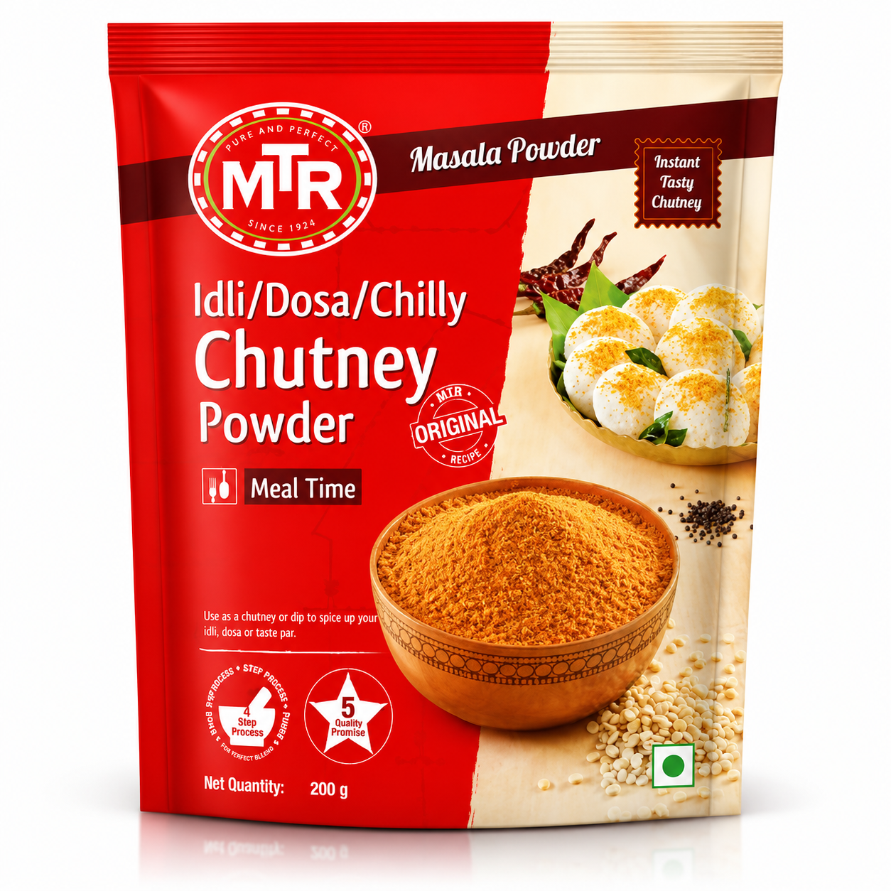 MTR Idli Dosa Chilly Chutney Powder 200g front packaging featuring authentic South Indian chutney powder made to enhance the flavour of idli, dosa and other traditional dishes.