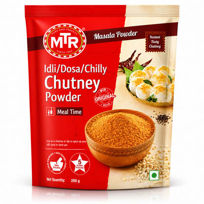 MTR Idli Dosa Chilly Chutney Powder 200g front packaging featuring authentic South Indian chutney powder made to enhance the flavour of idli, dosa and other traditional dishes.