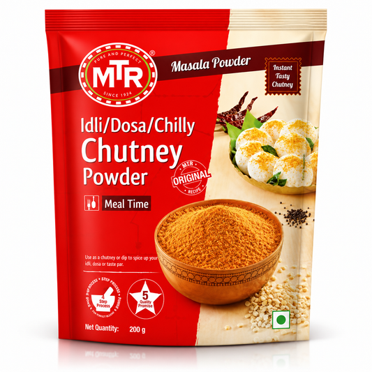 MTR Idli Dosa Chilly Chutney Powder 200g front packaging featuring authentic South Indian chutney powder made to enhance the flavour of idli, dosa and other traditional dishes.