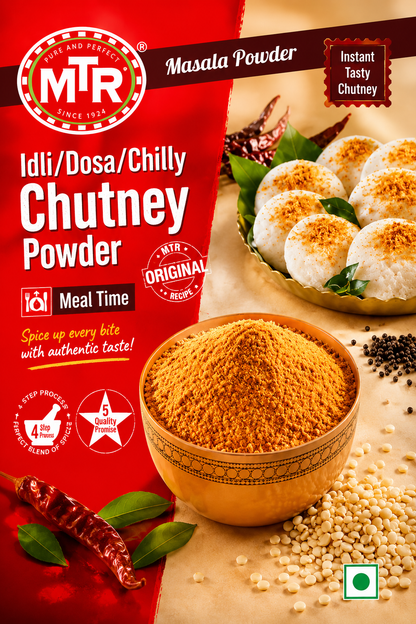 Premium lifestyle image of MTR Idli Dosa Chilly Chutney Powder served with soft idlis and a bowl of aromatic chutney powder, garnished with traditional South Indian spices for an authentic and flavourful dining experience.