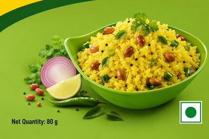 Delicious MTR Khatta Meetha Poha served in a green bowl with peanuts, lemon, green chillies and traditional Indian spices for an authentic sweet and tangy breakfast experience.
