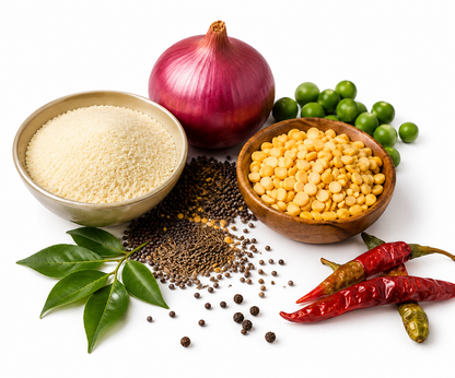 Ingredients for MTR Magic Masala Upma including semolina, split lentils, onion, curry leaves, green peas, spices, and dried red chillies on a white background.