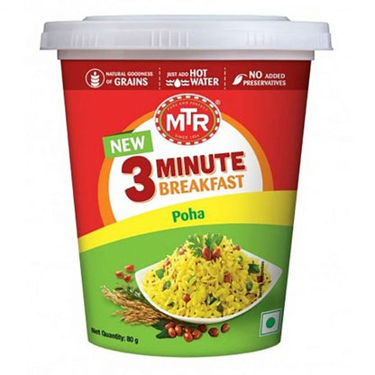 MTR 3 Minute Breakfast Poha 80g ready-to-eat cup featuring authentic Indian flattened rice breakfast that is prepared by simply adding hot water.