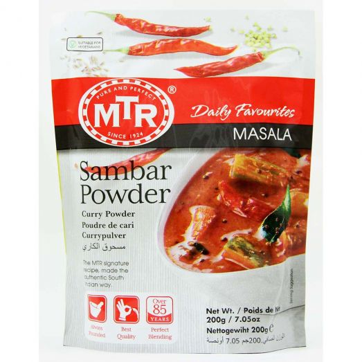 Front view of MTR Sambar Powder Masala 200g packet with white and red packaging, featuring dried red chilies at the top and a bowl of sambar curry with vegetables on the front.