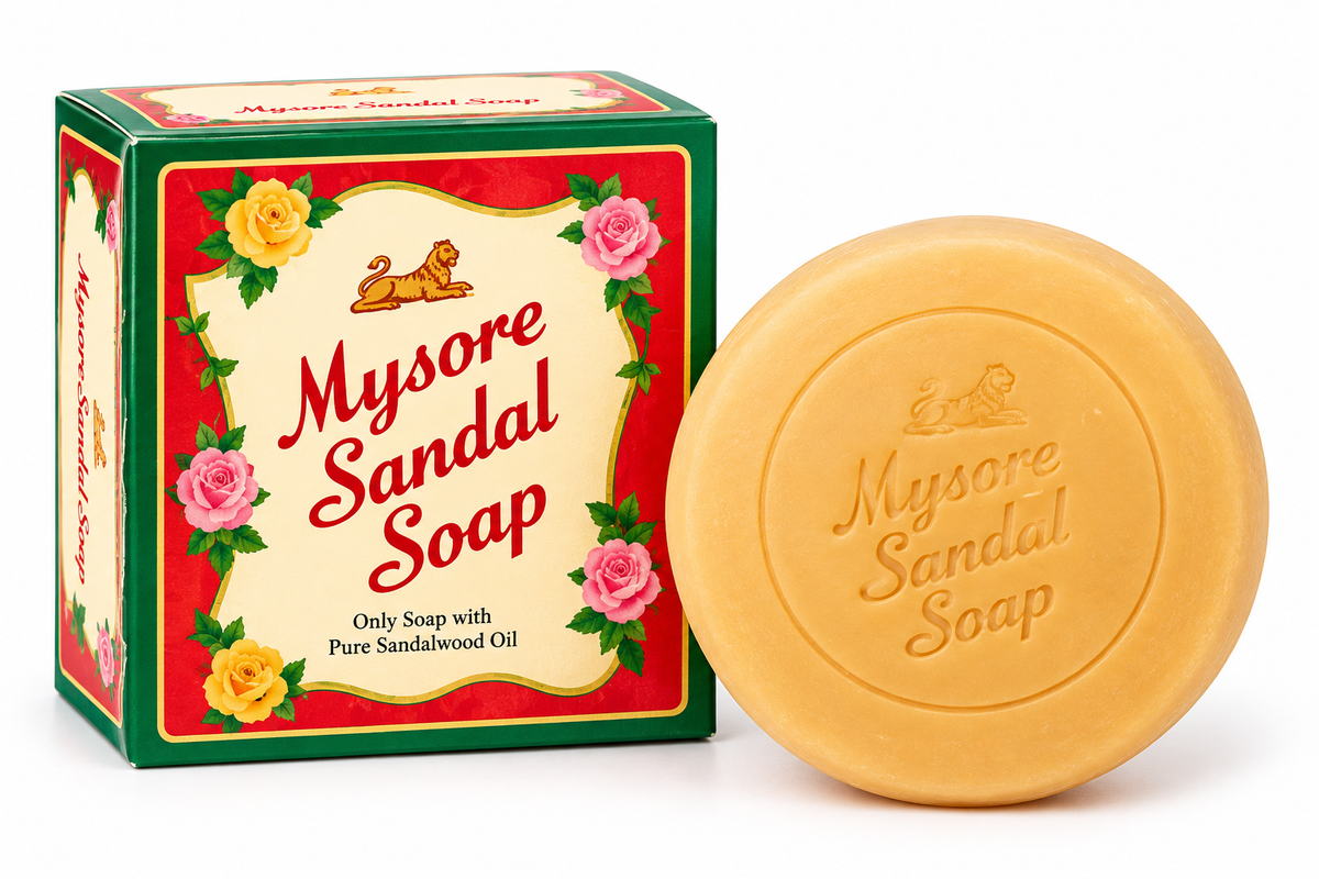 Mysore Sandal Soap 75g with classic green and red packaging and sandalwood soap bar