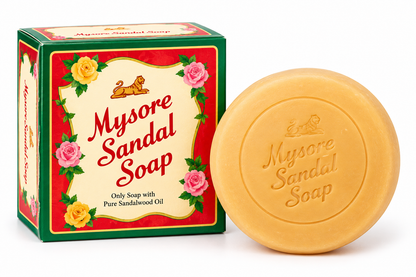 Mysore Sandal Soap 75g with classic green and red packaging and sandalwood soap bar